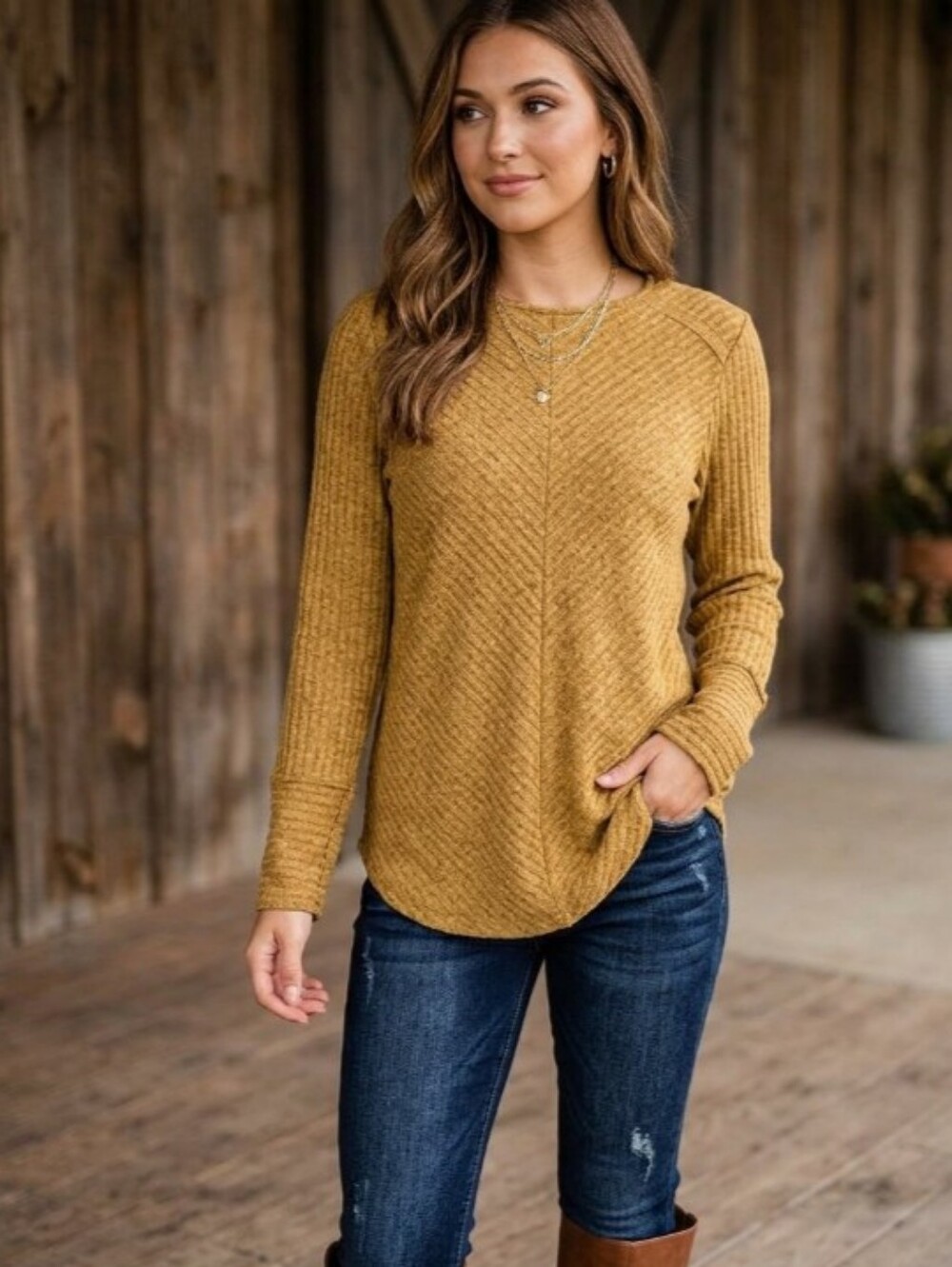 Retrelogy Textured Crewneck Women's Tunic Carmel Color Size Medium